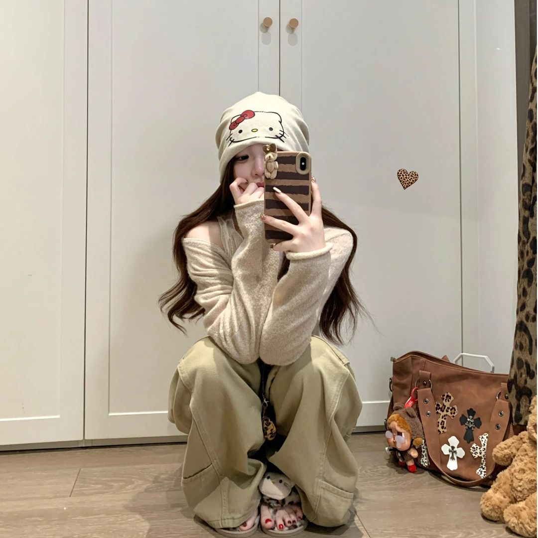 慵懒风斜肩长袖针织衫女2025秋季新款高级感宽松休闲百搭针织上衣