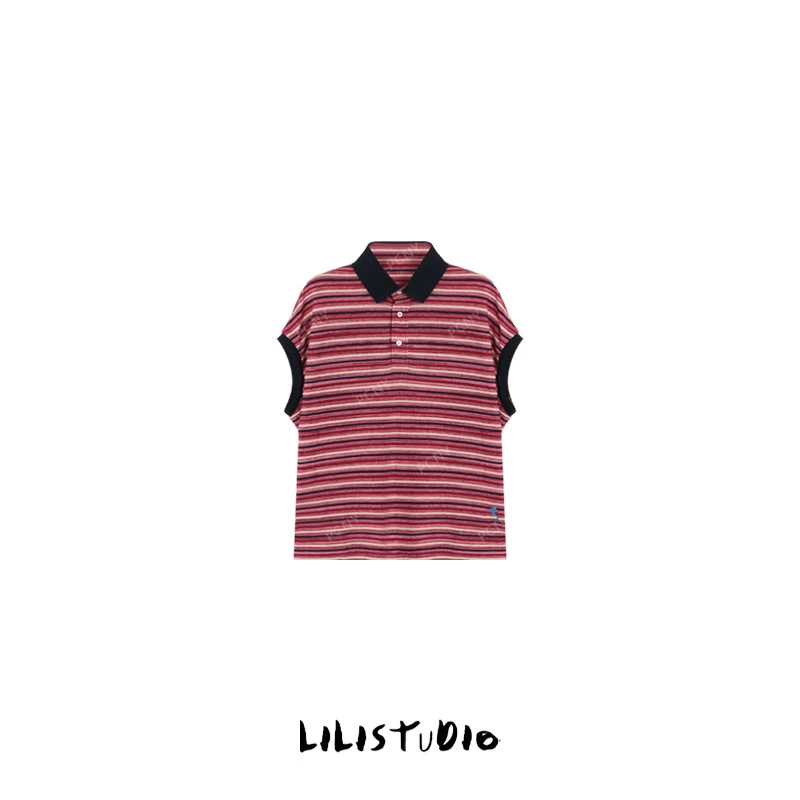 「绯红线条」不理理夏季新款小众女装多巴胺撞色条纹无袖t恤