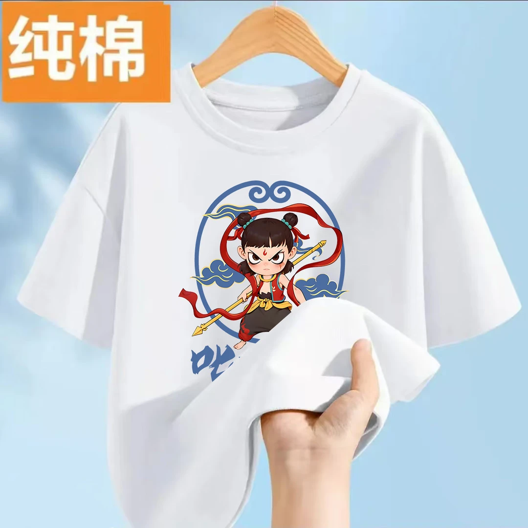 新款小哪吒男童夏季服装印花短袖t恤纯棉圆领中大童宽松百搭上衣