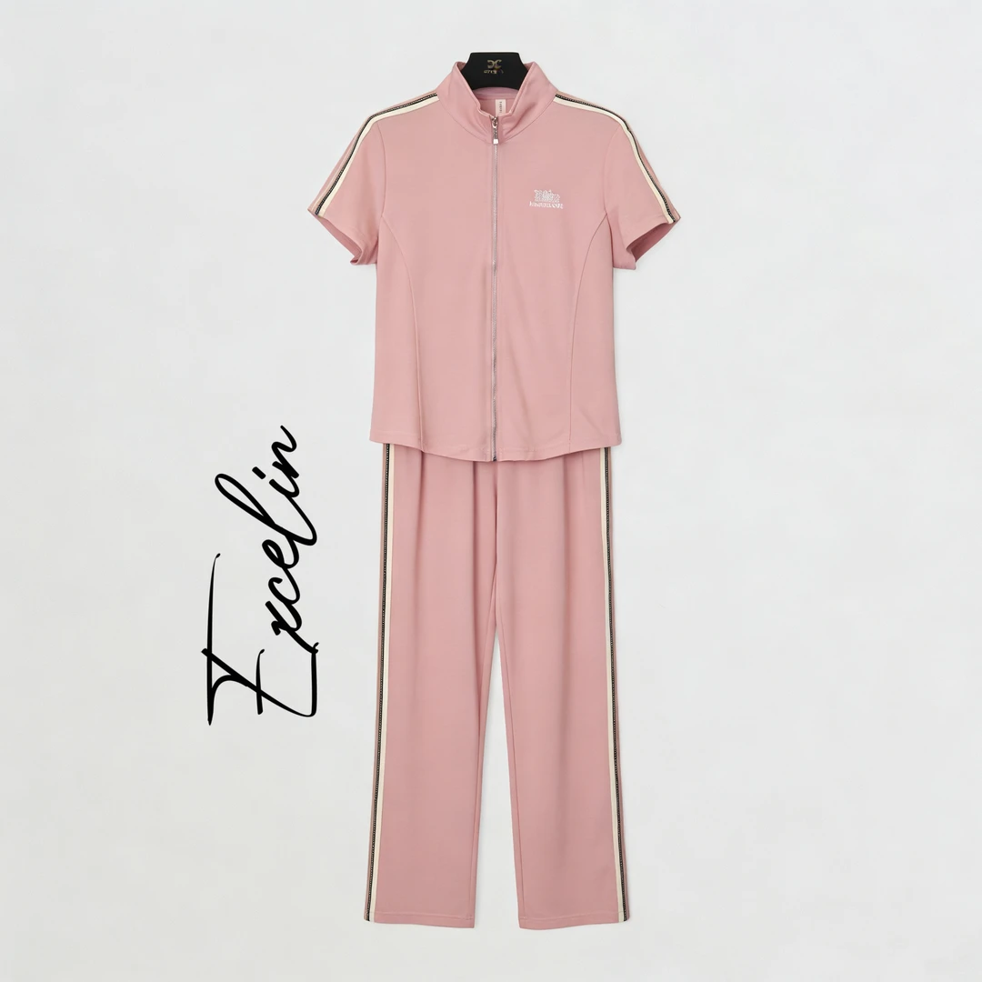 反季套装清仓[粉底白边MM套装]休闲减龄外套长裤洋气女士套装