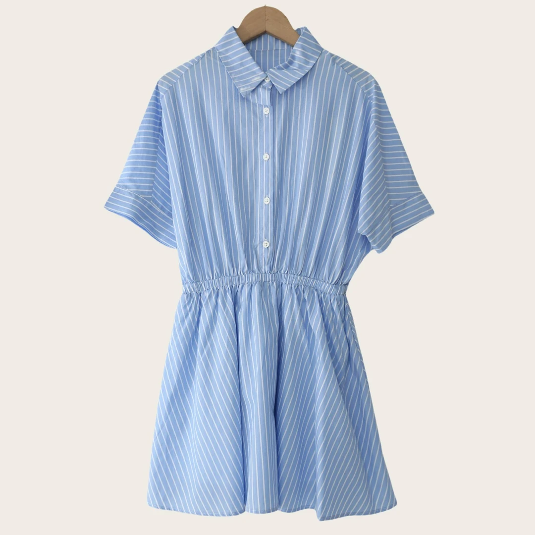 新款夏季竖条纹100%棉女士连衣裙BB0366舒适亲肤时尚百搭休闲慵懒