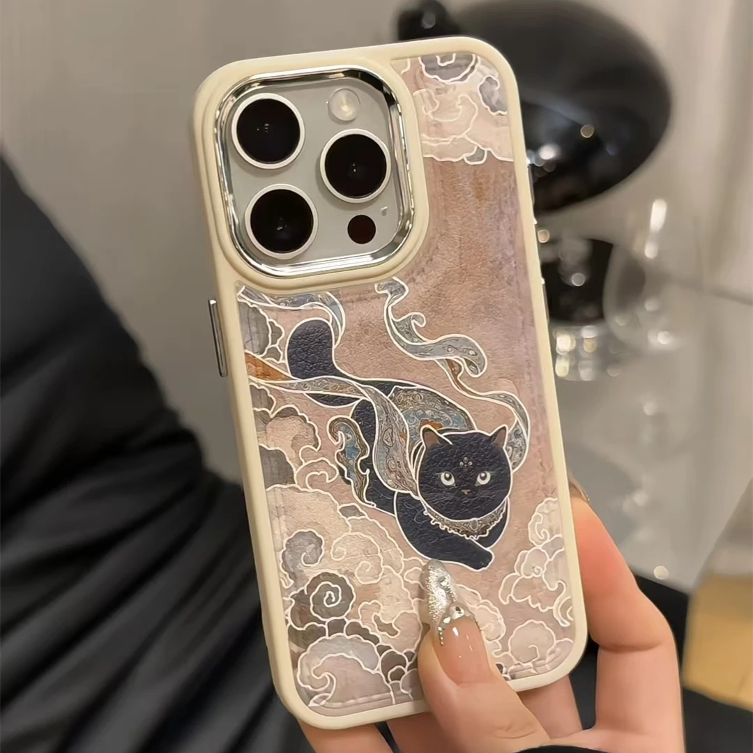 复古祥云猫咪适用苹果16/15promax华为PURA80/70电镀镜框手机壳