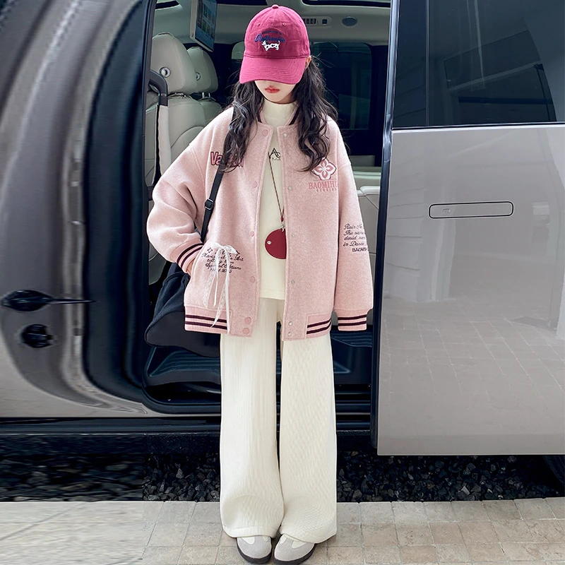 女童棒球服呢子夹棉外套秋冬装2025新款儿童大童女孩冬季上衣套装