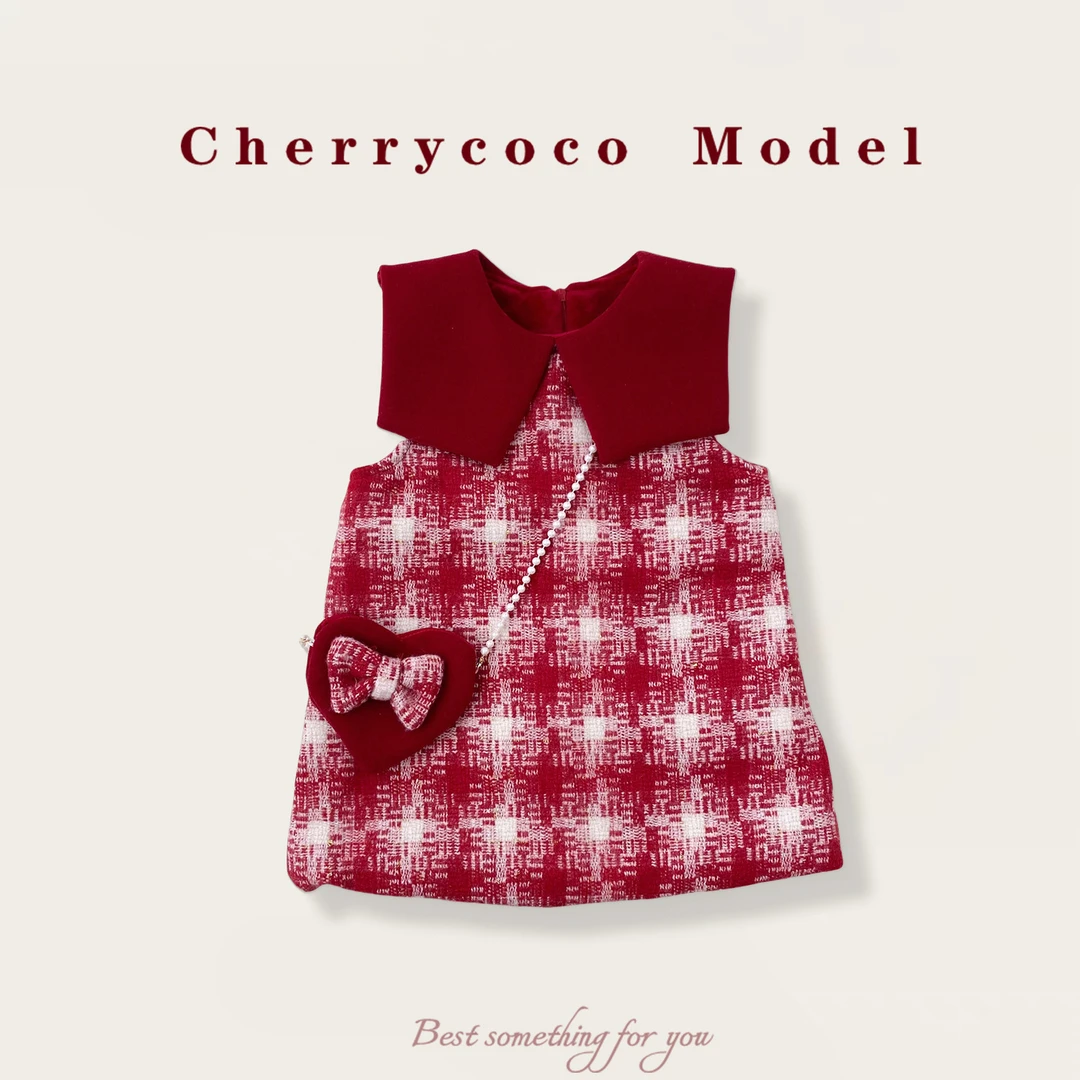 女童套装女宝宝洋气红格子毛呢加绒背心裙公主裙