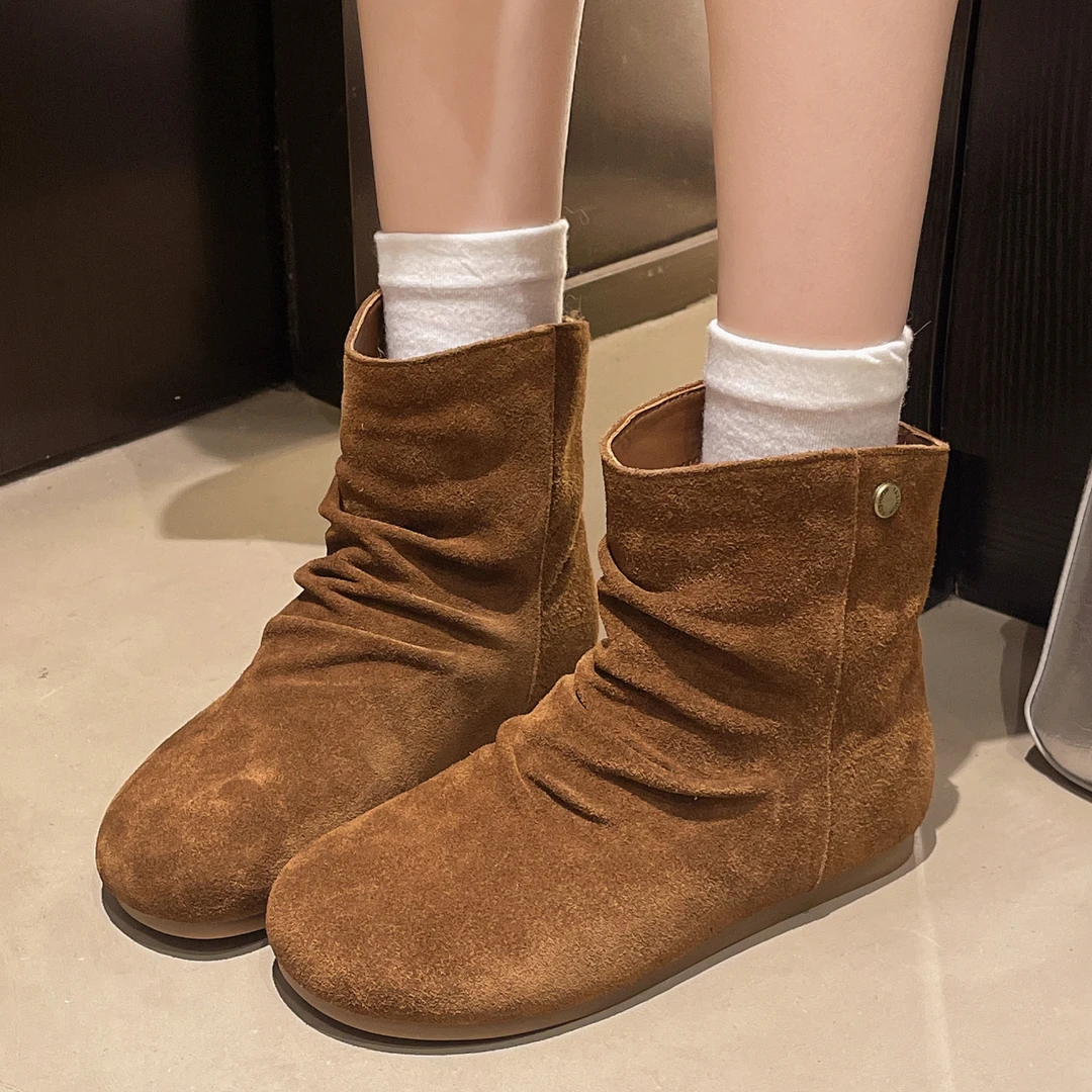 复古磨砂软皮2025秋季新款骑士靴女百搭小众休闲美拉德褶皱短筒靴