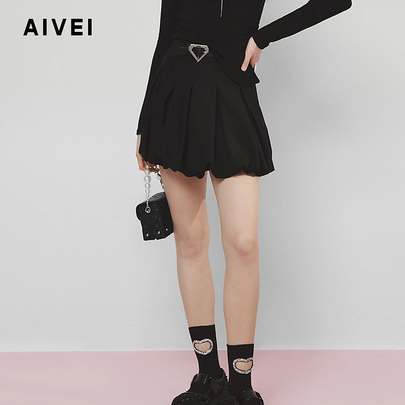 AIVEI欣贺艾薇春季春游气质百搭高腰显瘦A字蓬蓬花苞短裙S711501A