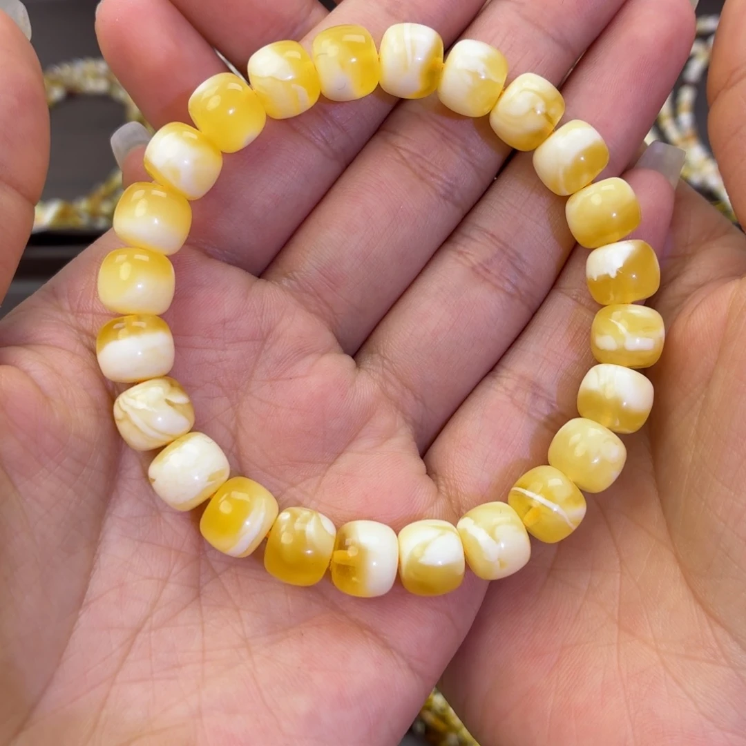 蜜蜡未镶嵌手链金瓷白聚宝盆9.5