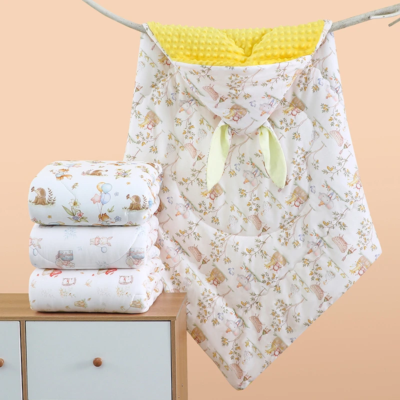 婴儿纯棉秋冬加厚抱被 初生宝宝A类带帽长耳朵待产保暖包被新生儿