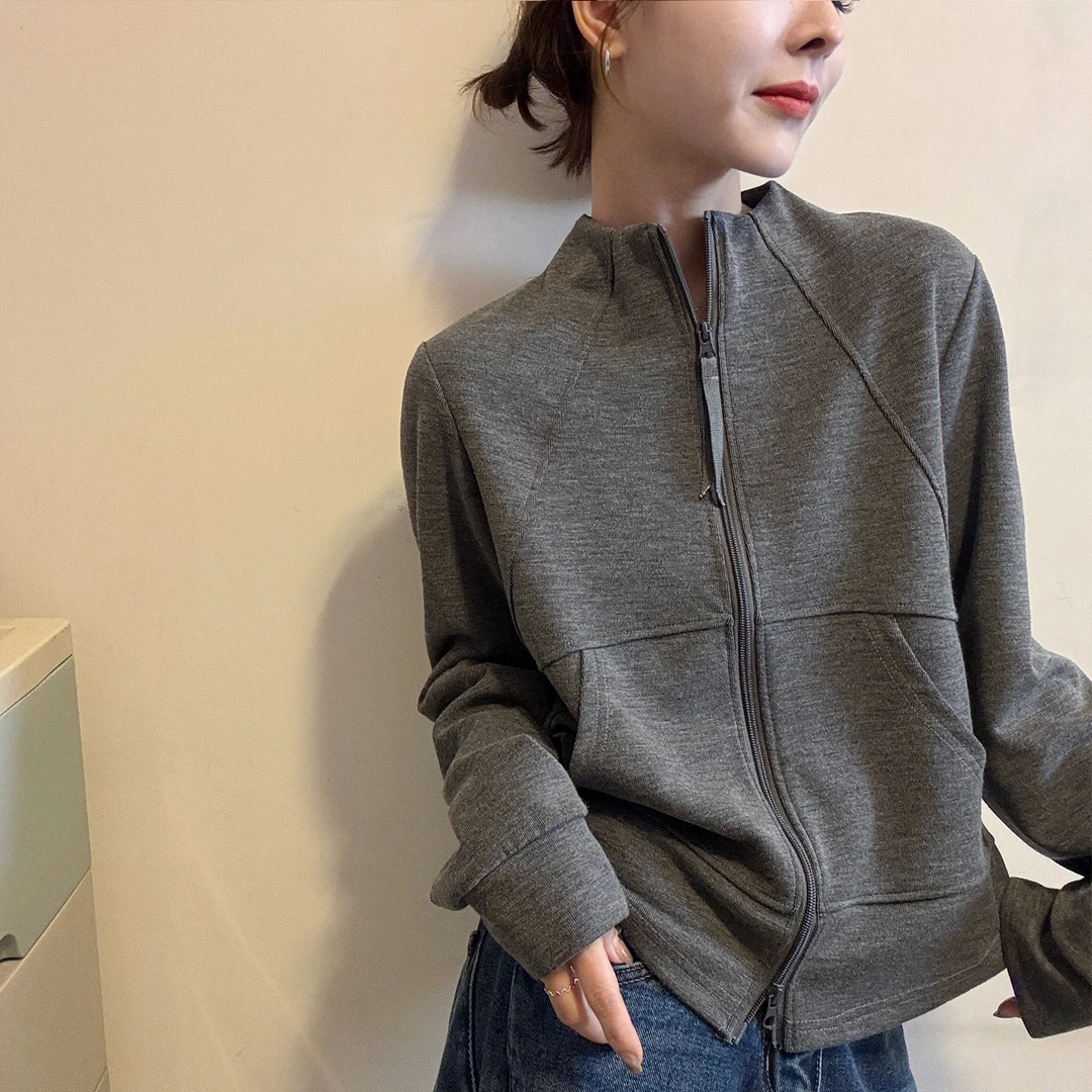 双拉链拼接立领开衫卫衣女2025早秋新款修身显瘦长袖纯色短款外套