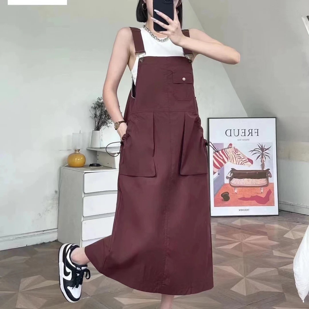 欧货女装创夏季新款抽绳口袋时尚减龄宽松显瘦背带连衣裙