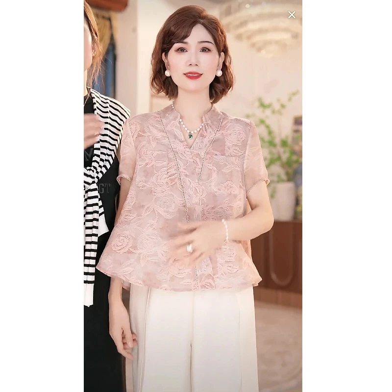 2025新款中年妈妈装夏季时尚洋气质中老年女装宽松新中式小衫套装