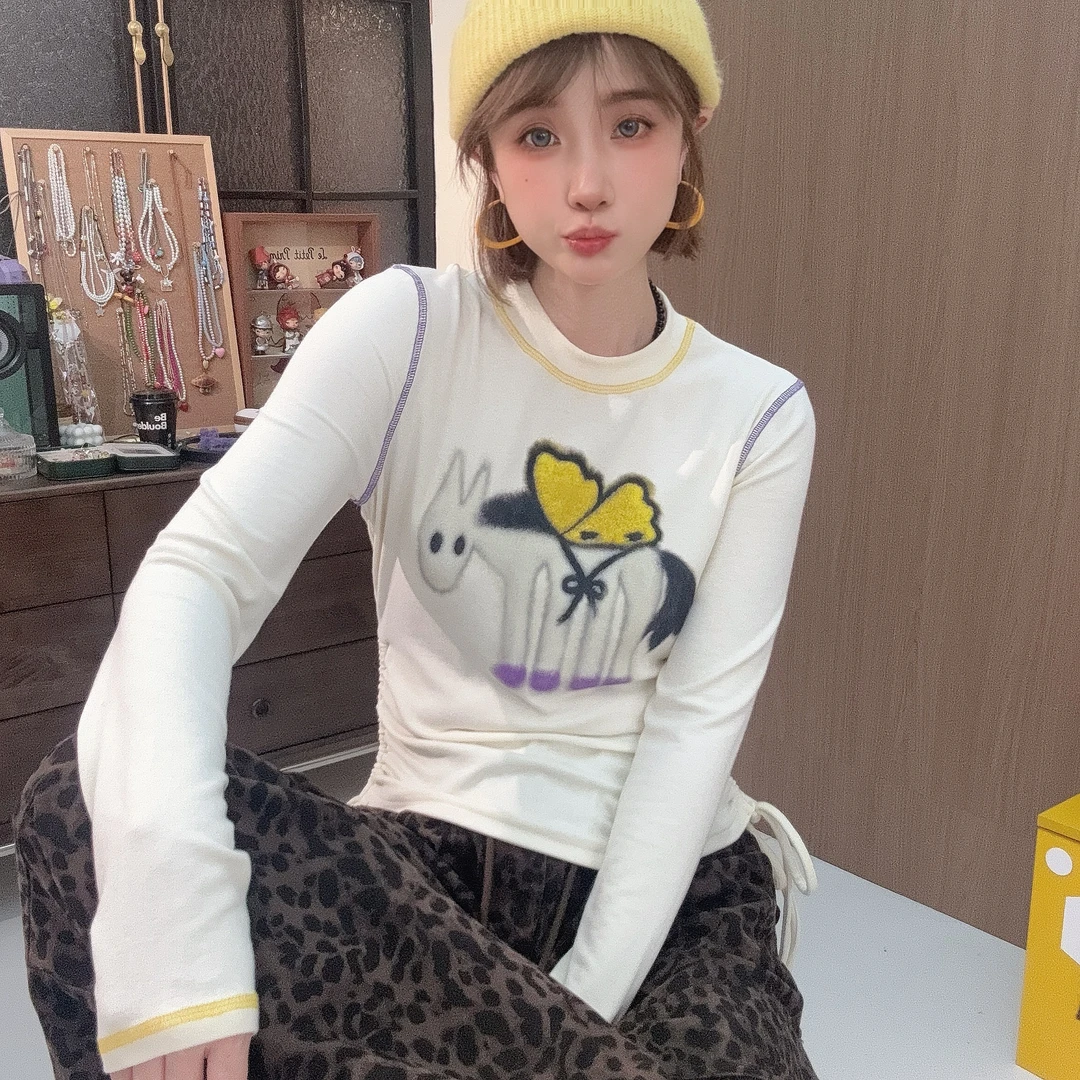 Apr.【蝴蝶马】秋季新款时尚印花冚车明线撞色T恤长袖上衣女25ST535