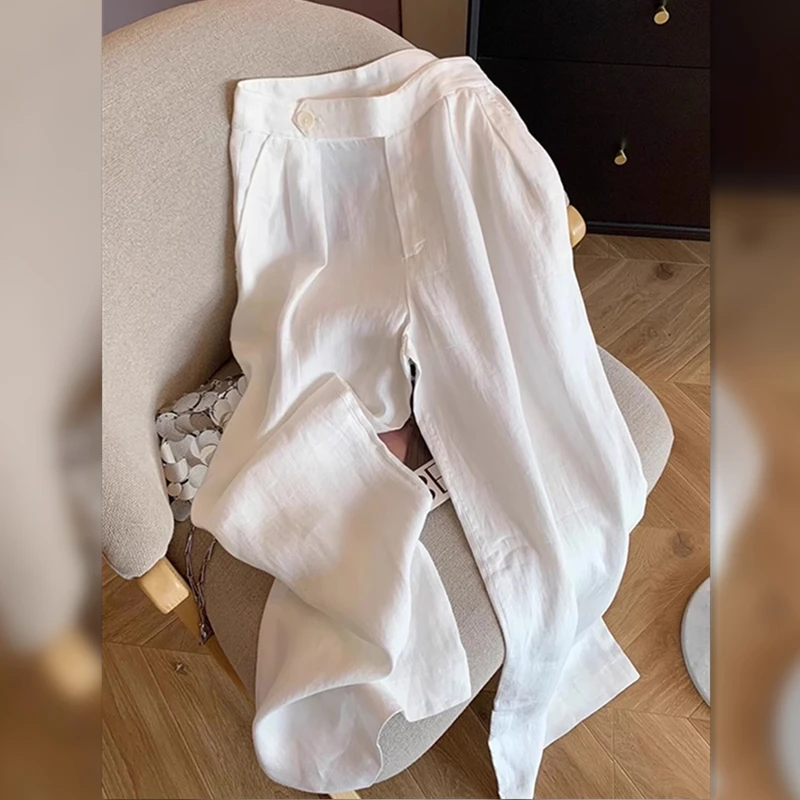 高端货~白色棉麻西装阔腿裤女夏季轻薄款设计感高腰垂感休闲裤子