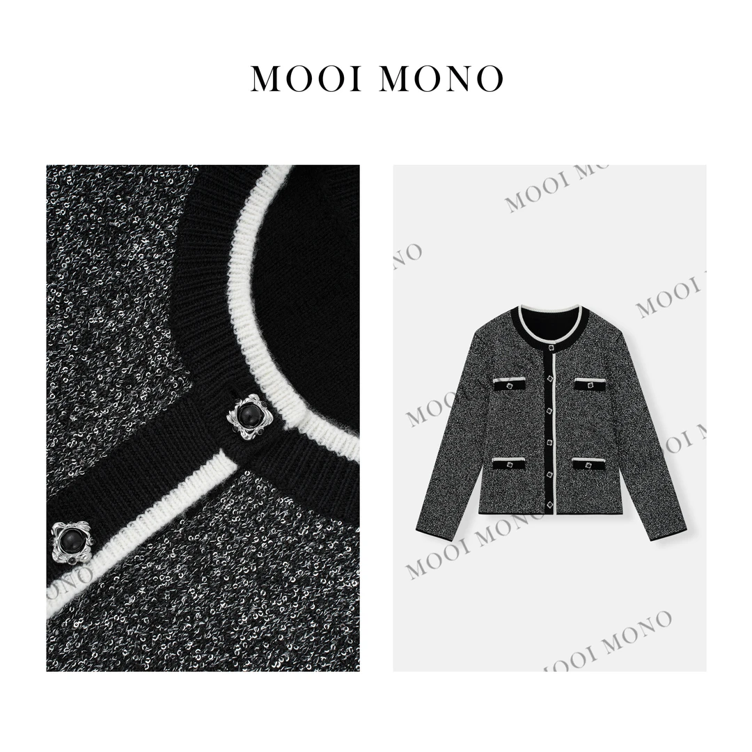 MOOI MONO"银河流光"显瘦时尚气质圆领亮片拼色针织开衫 W420D51
