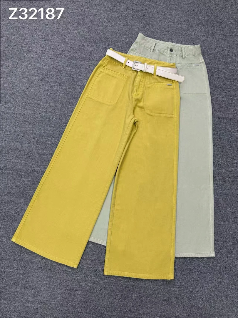 新款时尚配腰带方口袋垂感显高牛仔长裤阔腿裤187P