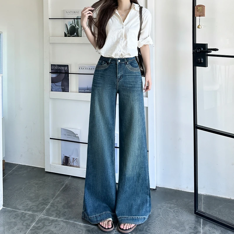 高腰复古不贴腿微喇叭牛仔裤设计早秋季宽松小个子直筒显瘦拖地