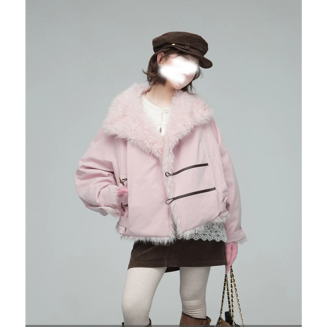 溪溪靓衫 小个子 粉绒加厚保暖气质对扣双面穿夹克毛毛短外套女