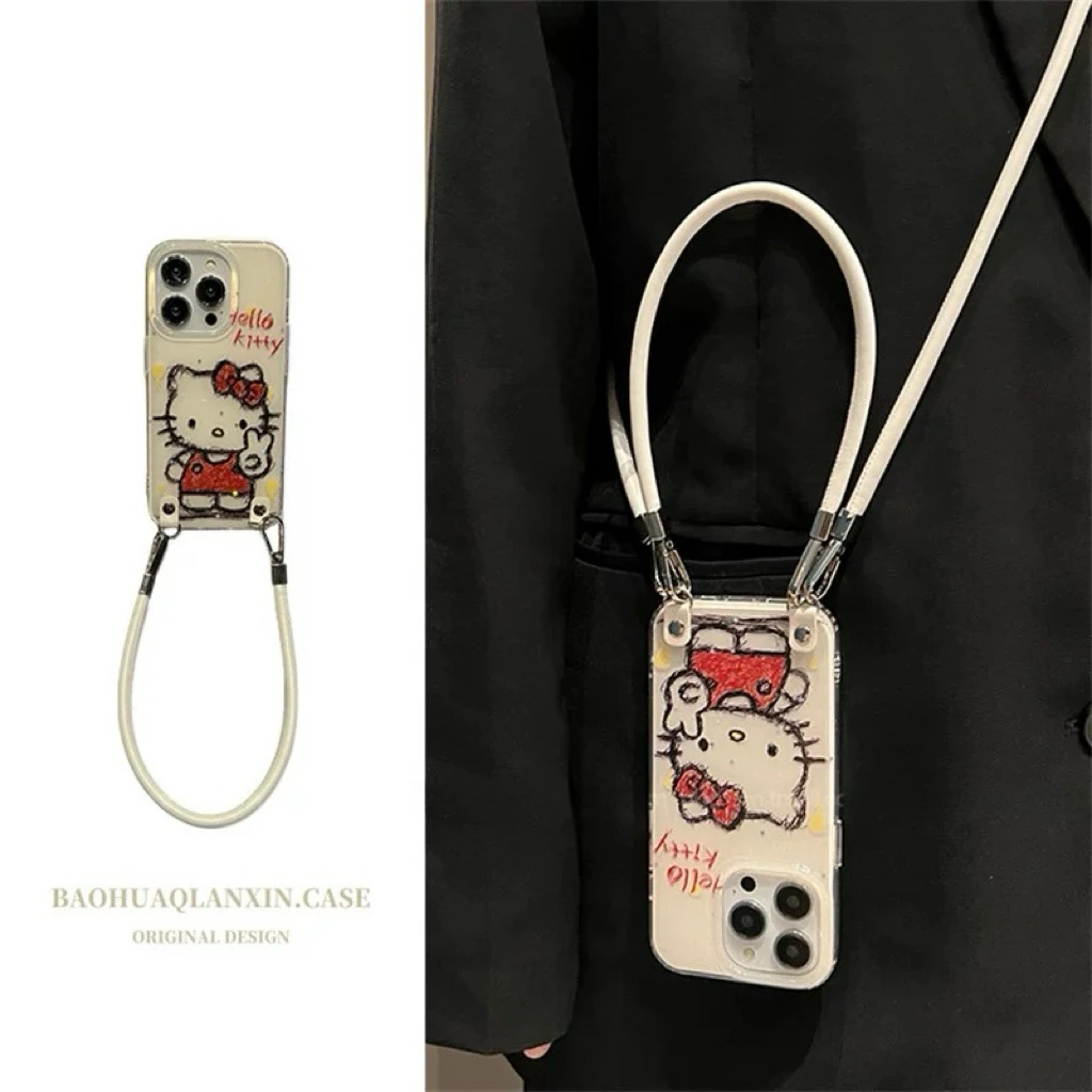 卡通白底涂鸦素描kt猫手提适用苹果16promax手机壳iPhone15pro新