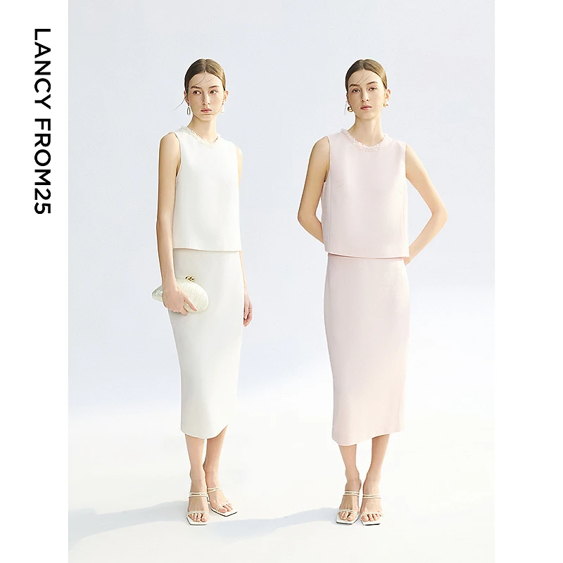 朗姿小香风直筒高腰修身中长款半身裙2025年夏季新款复古风半裙