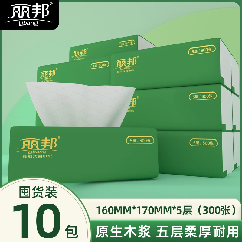 丽邦抽取式面巾纸300张10大包原生木浆五层柔厚耐用抽纸