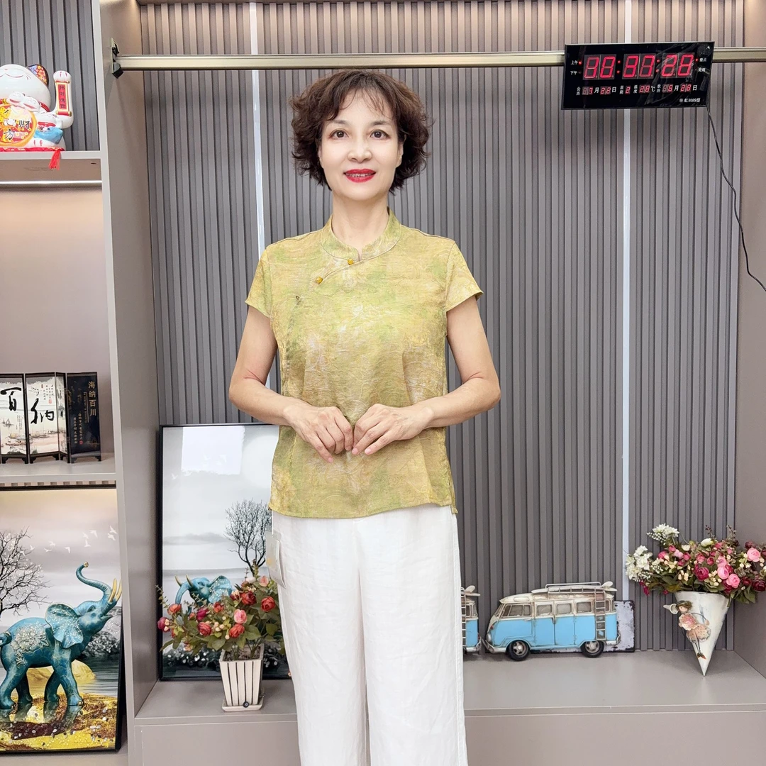 【LU-JIE 6083】妈妈装中老年女装优雅女人中式斜襟国风半袖衬衫