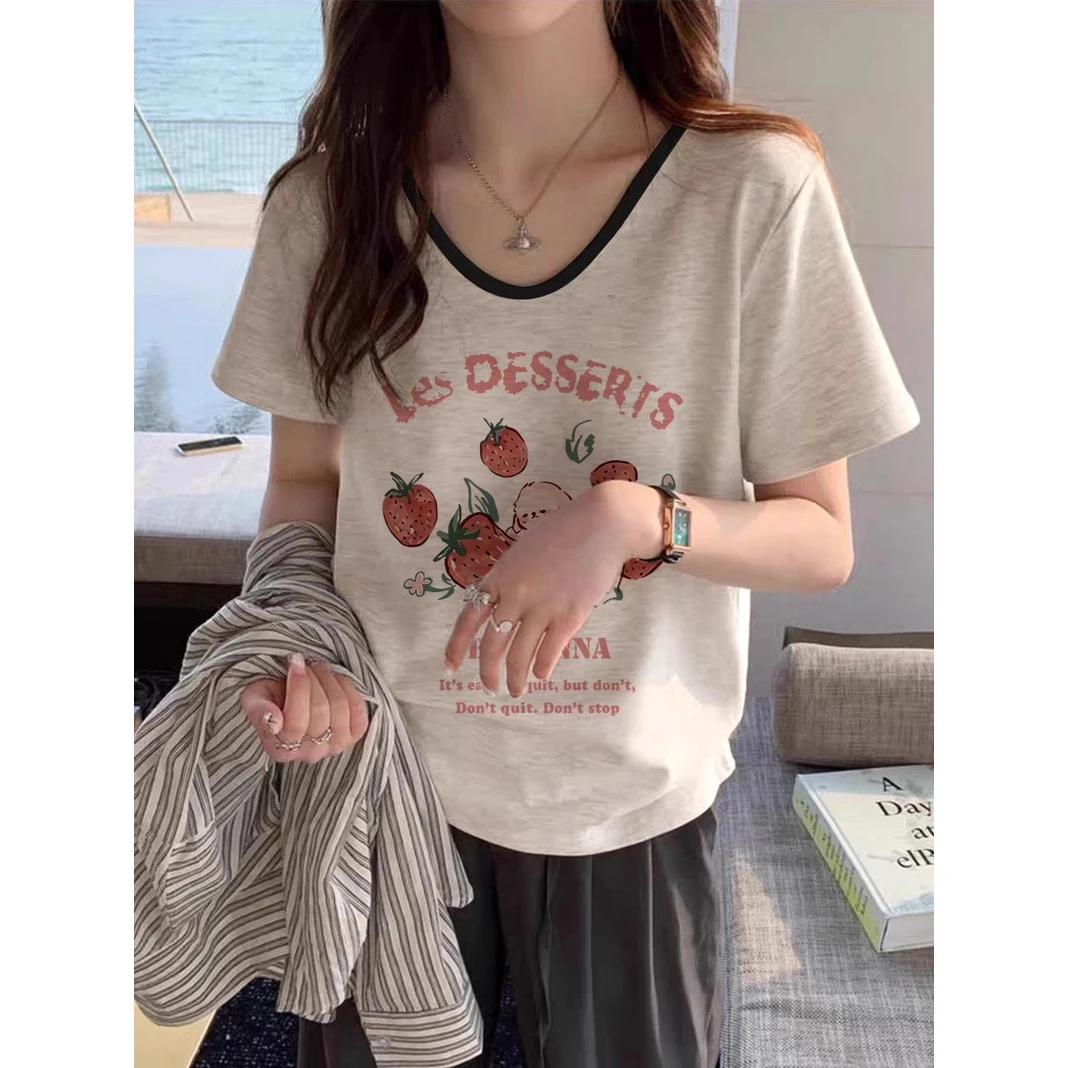 正肩v领印花短袖t恤女2025新款爆款夏季大码微胖mm显瘦遮肚子上衣