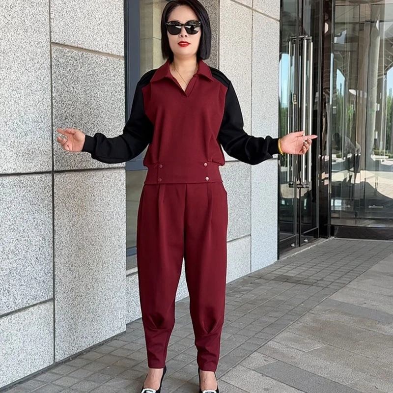 2025年网红爆款时尚洋气显瘦遮肉加厚长袖POLO领宽松哈伦 套装 女