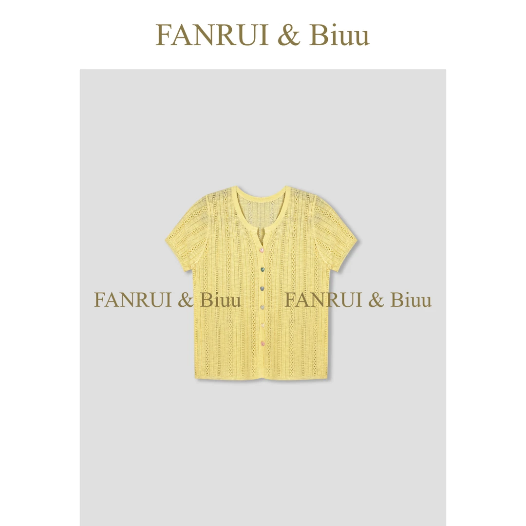 FANRUI/泛芮「空织」新款韩系彩扣圆领减龄洋气短袖针织衫女B17056