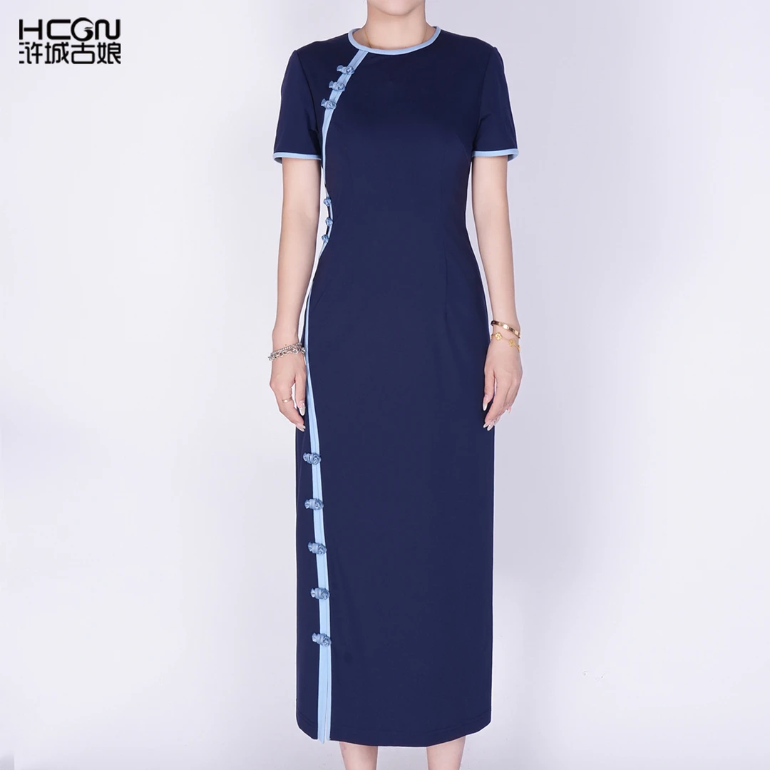 中式圆领舒适通勤百搭女新款中长款远行天丝罗马连衣裙HBSS050629