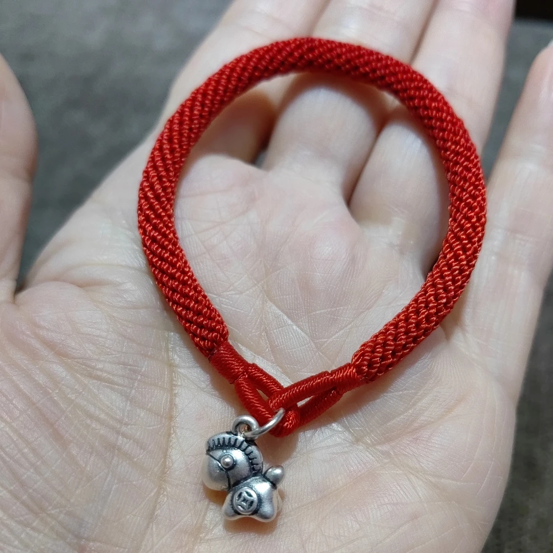 足银布艺手链 粗款“马上有钱”红绳手链（根据图二量好净手围）