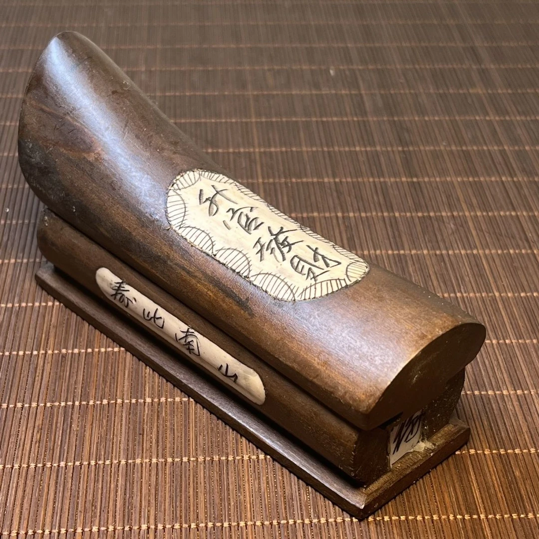 木雕收藏老式中国风香樟木镶骨片雕刻升官发财长12.5*宽3.5*6厘米