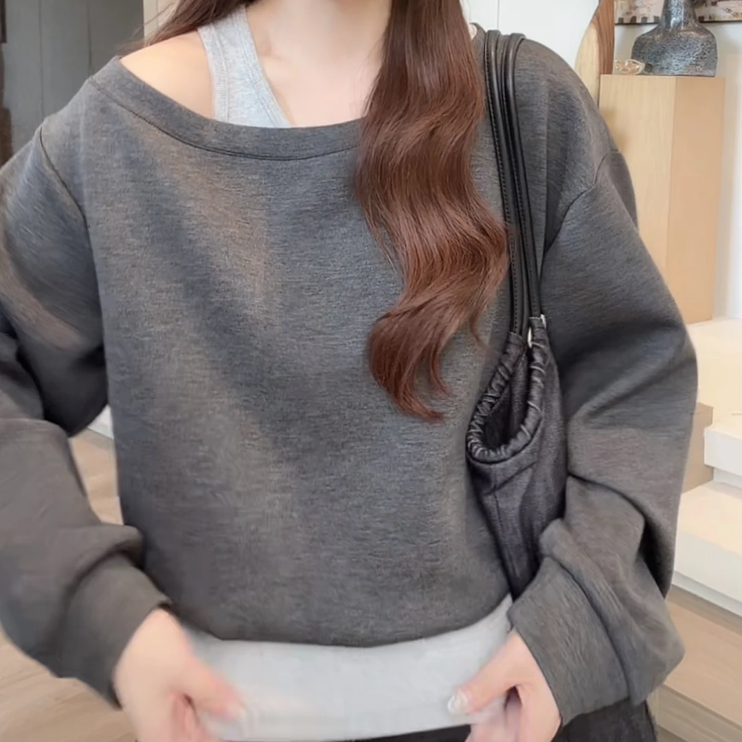设计感2025新款韩系纯欲风宽松长袖假两件拼接背心露肩卫衣