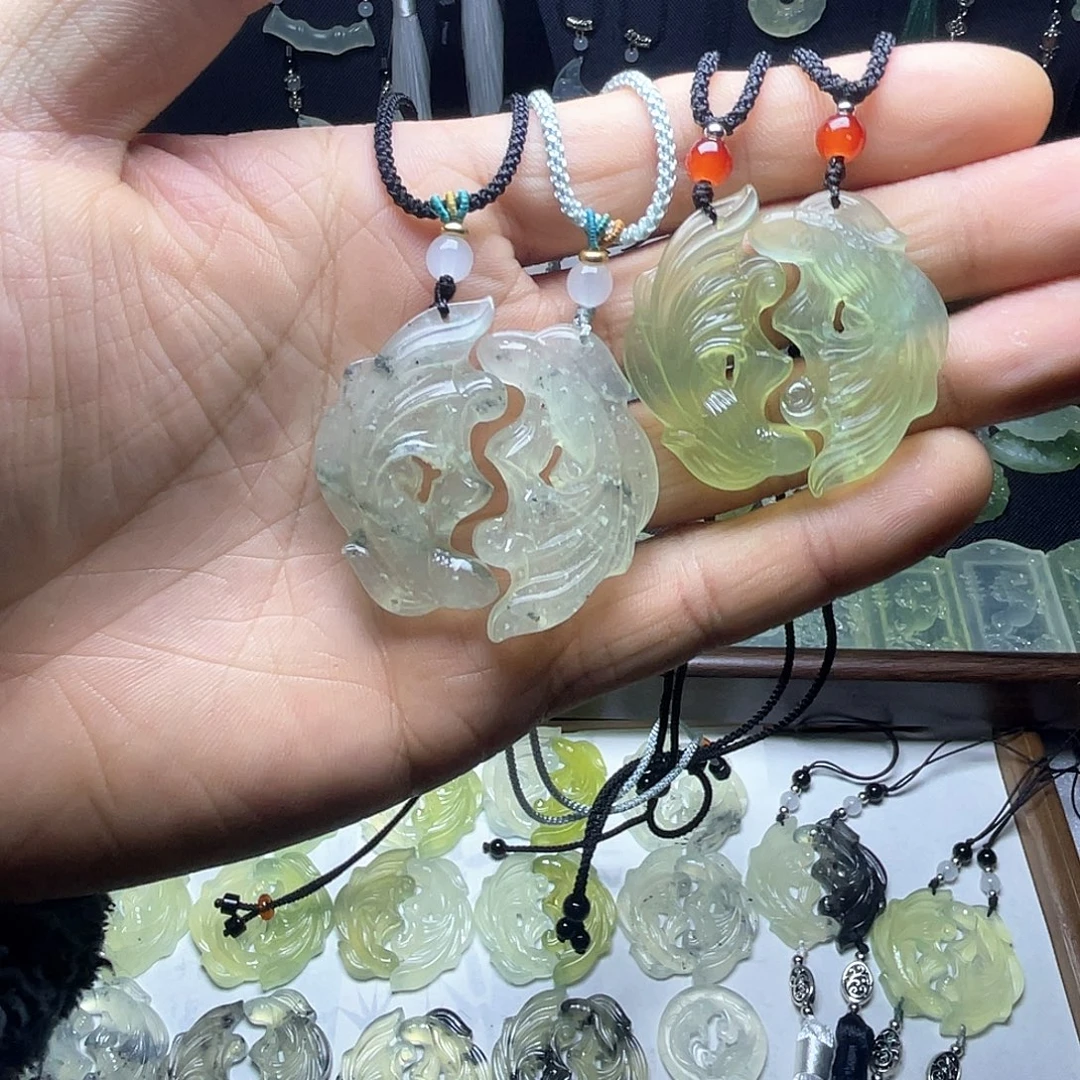 岫玉未镶嵌岫玉双鱼玉佩吊坠项链