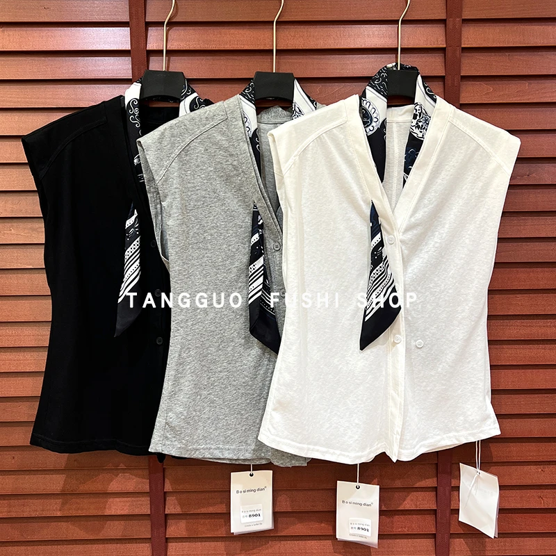 纯色坎袖T恤『带丝巾』夏季高级感时尚V领无袖上衣气质小衫8901