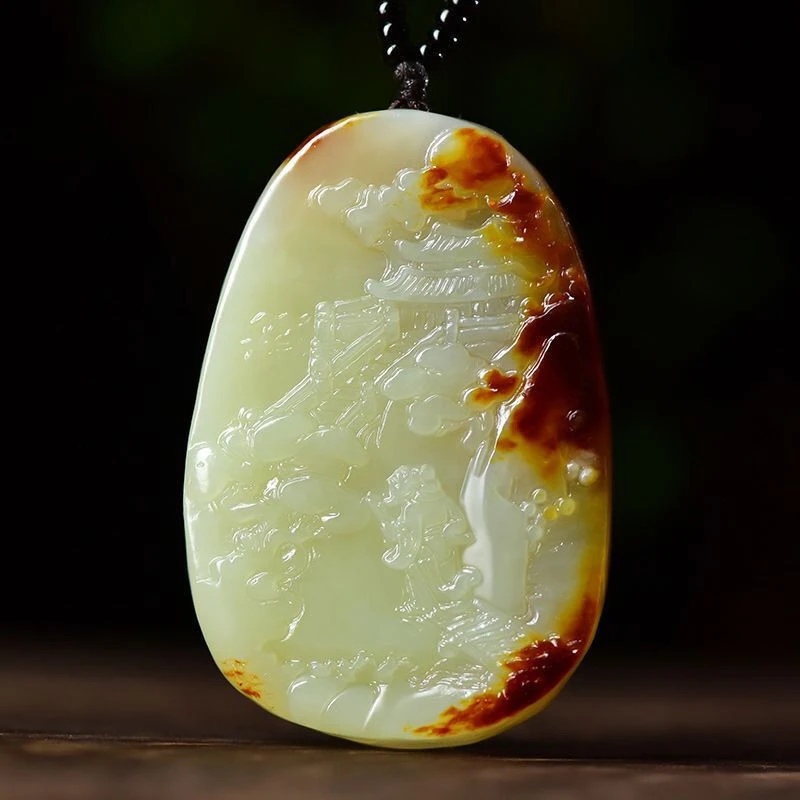 新疆和田玉料原石山水吊坠山水牌白玉山水挂件项链