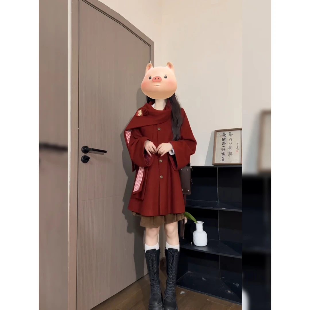 韩系休闲显瘦酒红色短款女装秋冬新款时髦感慵懒松弛风毛衣外套