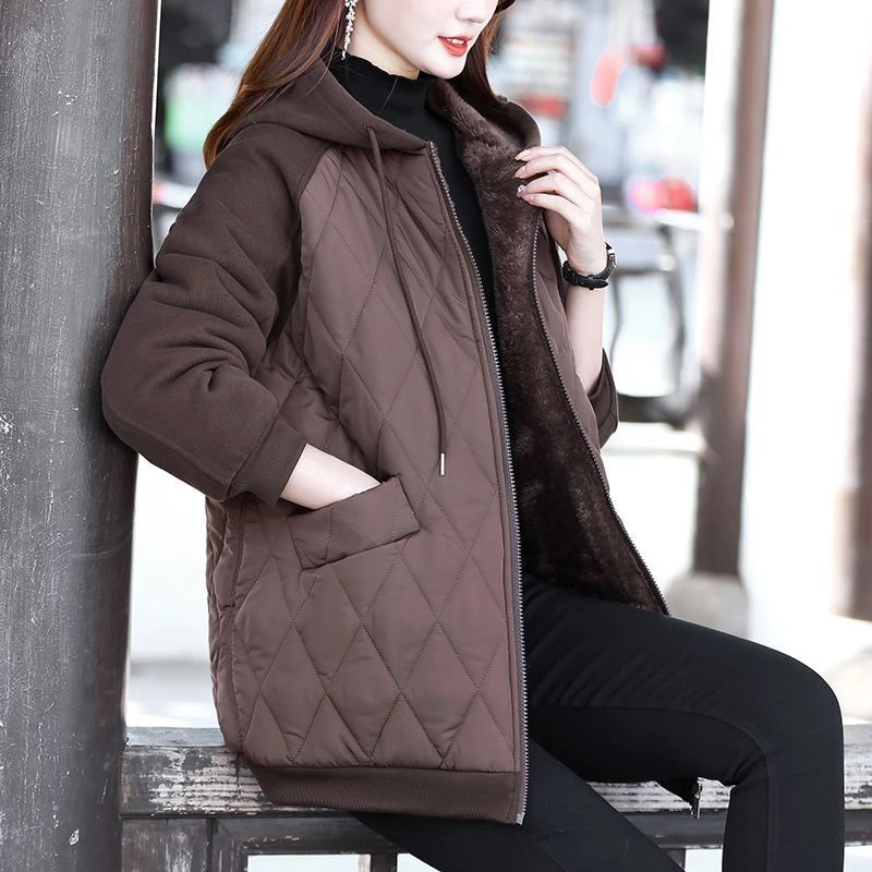 新品加绒加厚宽松大码外套棉袄时尚女装中长款连帽羽绒棉服