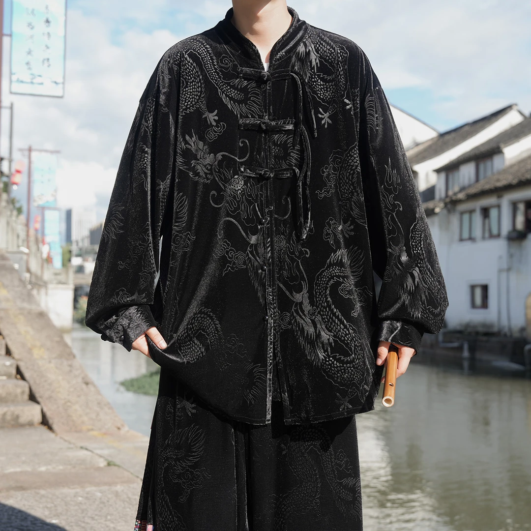 唐装男秋季中国风男装汉服外套复古新中式龙纹提花宽松金丝绒夹克