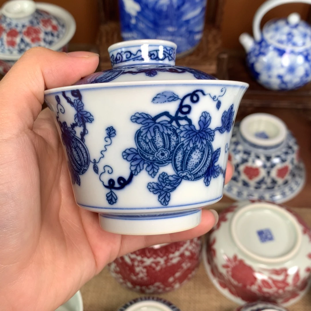 手工手绘马蹄盖碗