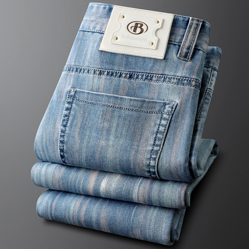 磨白男士牛仔裤夏季薄款条纹潮流弹力修身小脚男士商务休闲裤