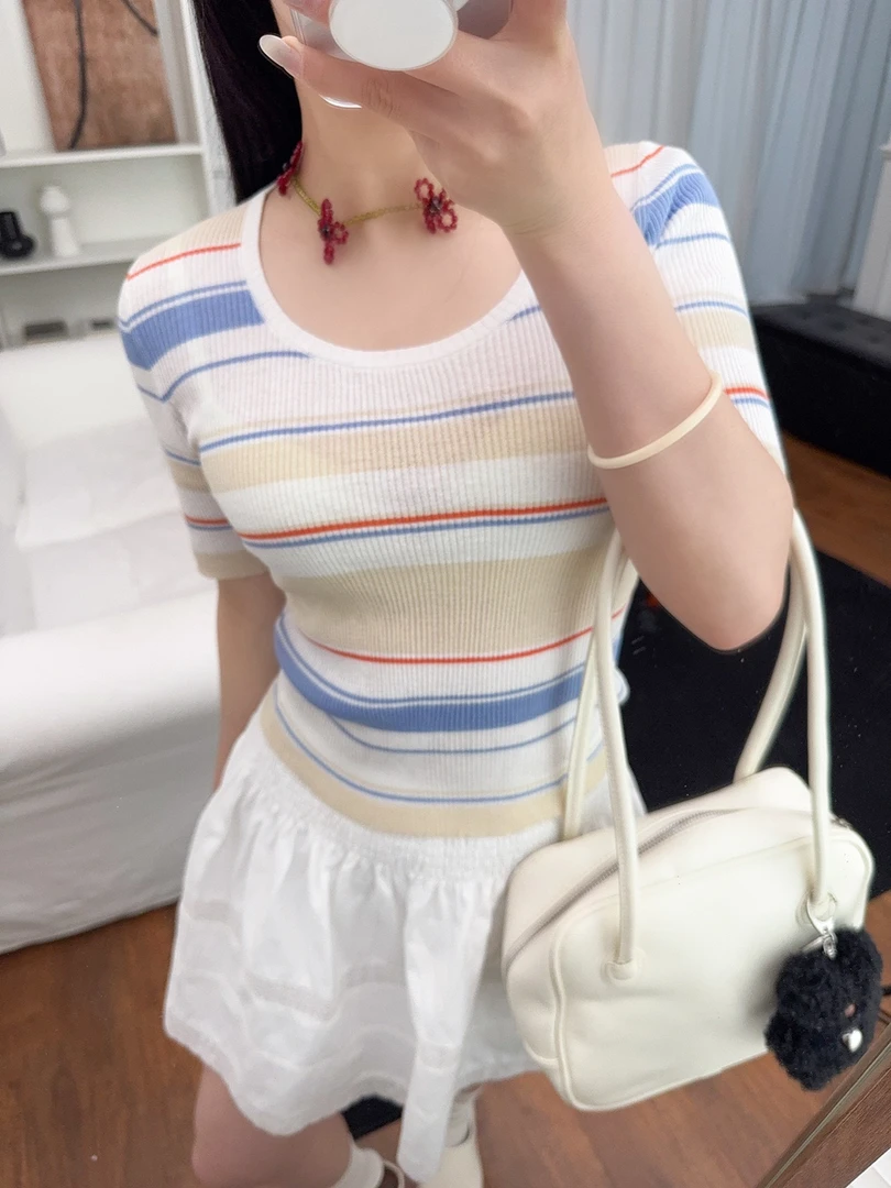 夏季新款亚麻混纺修身圆领短袖彩色条纹显瘦上衣针织女T恤薄款