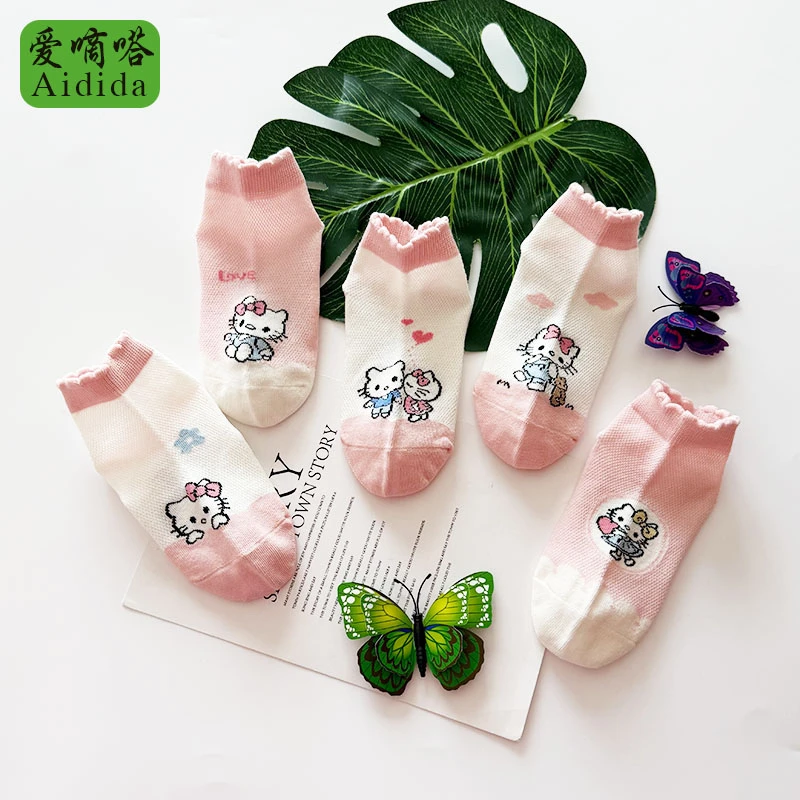 爱嘀嗒儿童袜子女童夏季网眼卡通kitty猫精梳棉可爱薄款透气短袜