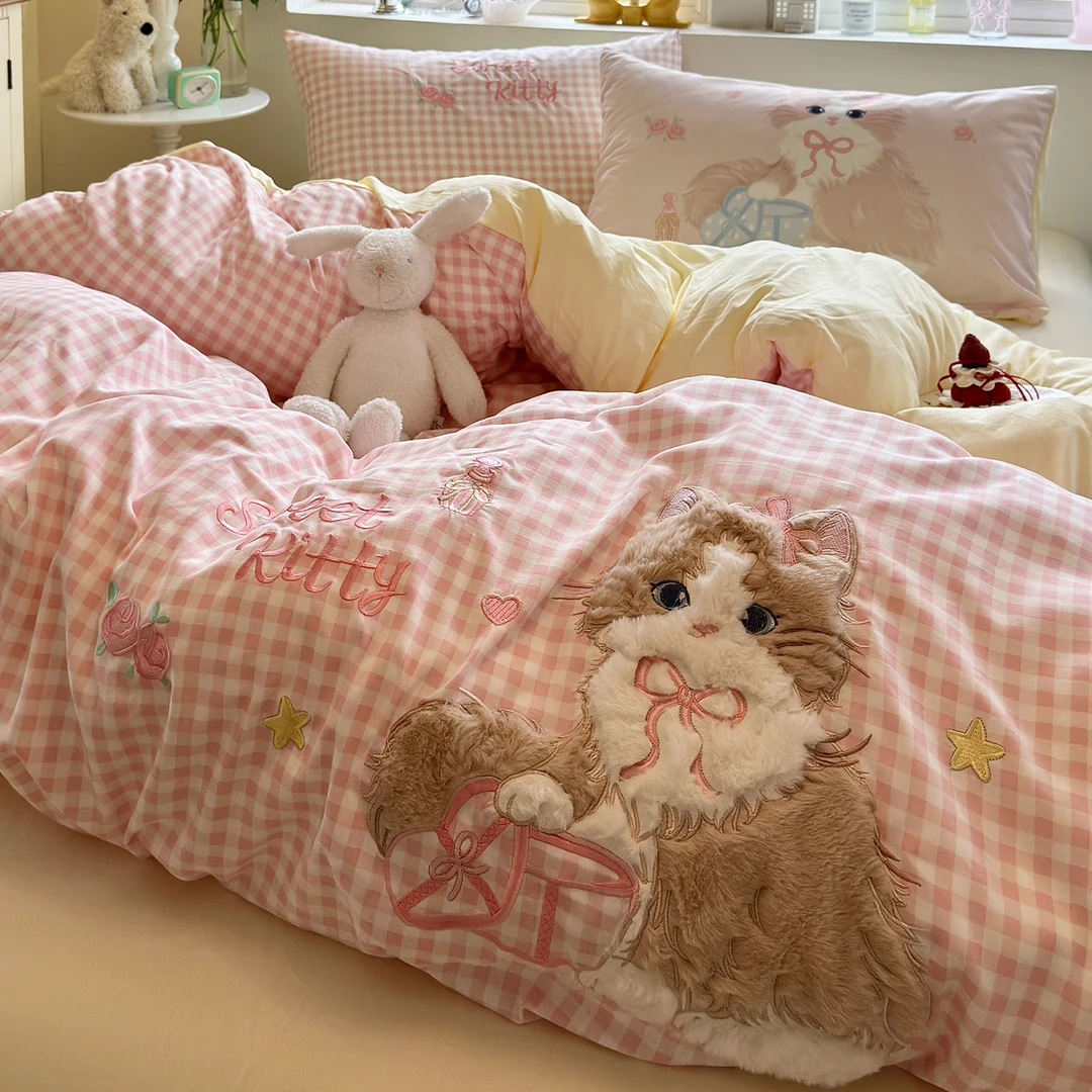 ins风水洗棉贴布绣四件套非纯棉床单被套学生宿舍床上用品三件套4