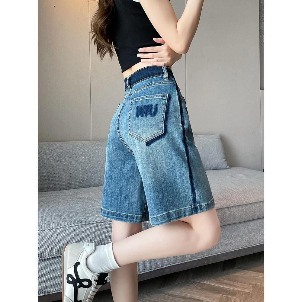 牛仔五分裤子女夏季薄款2025年新款撞色阔腿高腰宽松遮肉直筒短裤