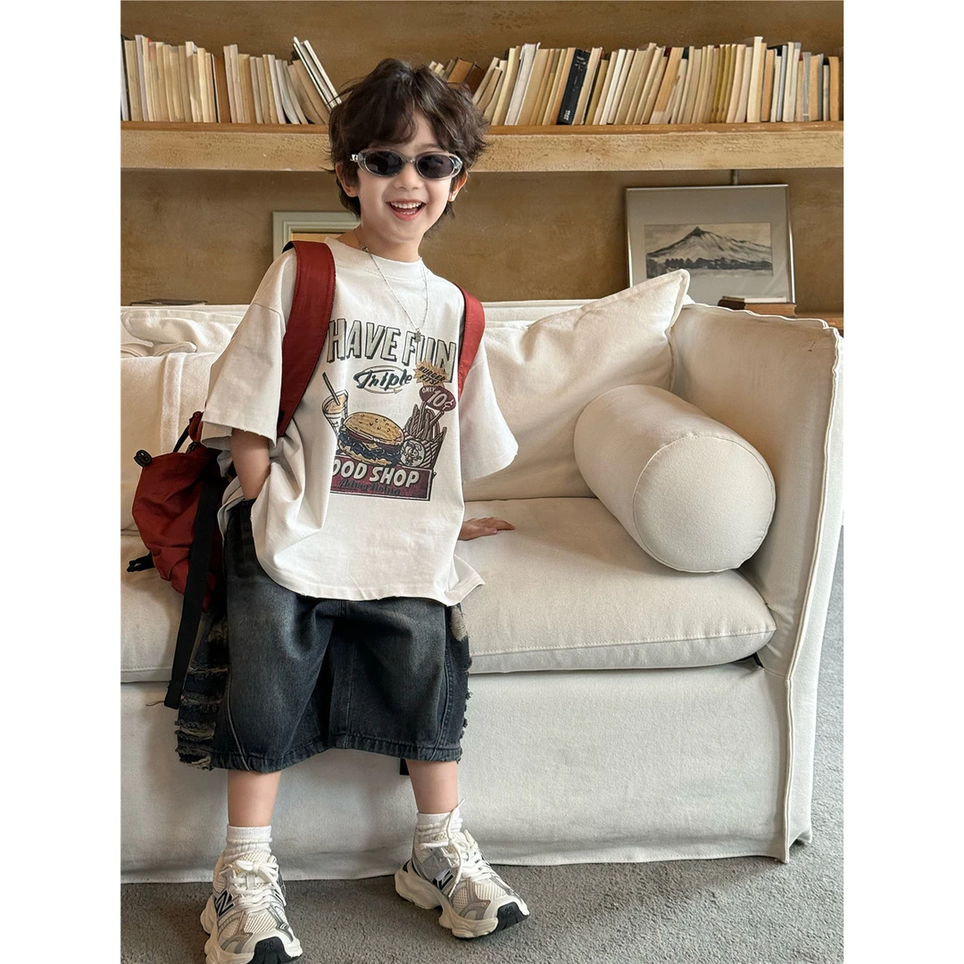 2025夏款儿童短袖潮款汉堡薯条磨破男女童洋气夏季半袖纯棉T恤
