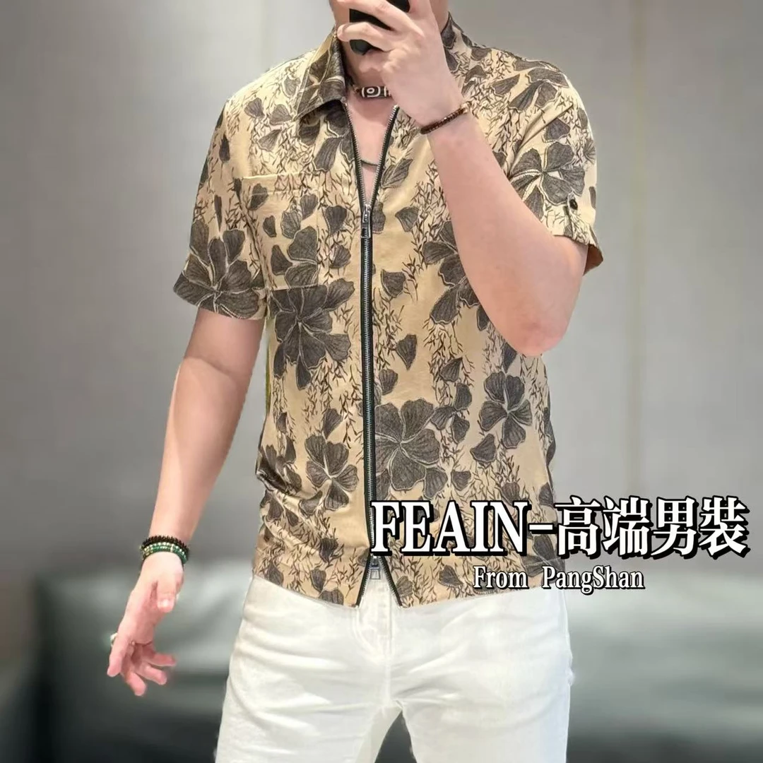 高端定制男士进口丝柔贡缎烫金工艺满花上下开拉链夹克5279