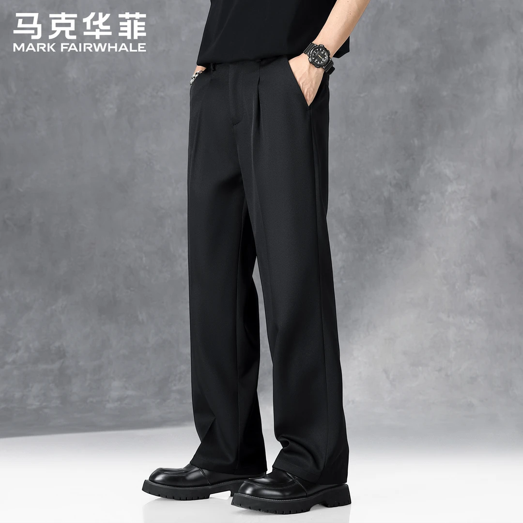 马克华菲高级感阔腿弯刀西裤男士春秋季新款宽松垂感黑色休闲裤男