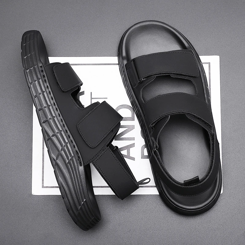 法菲欧皮面拼接拖鞋露趾纯色沙滩鞋韩版少年大码外穿百搭沙滩休闲