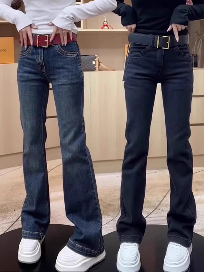 2025秋季爆款弹力显瘦直筒微喇牛仔裤子女大码复古修身窄版马蹄裤