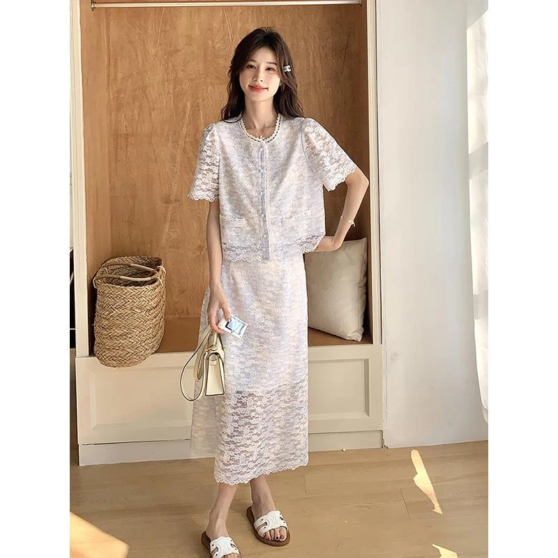 小香风蕾丝套装裙女高级感温柔风镂空两件套连衣裙夏季2025新款